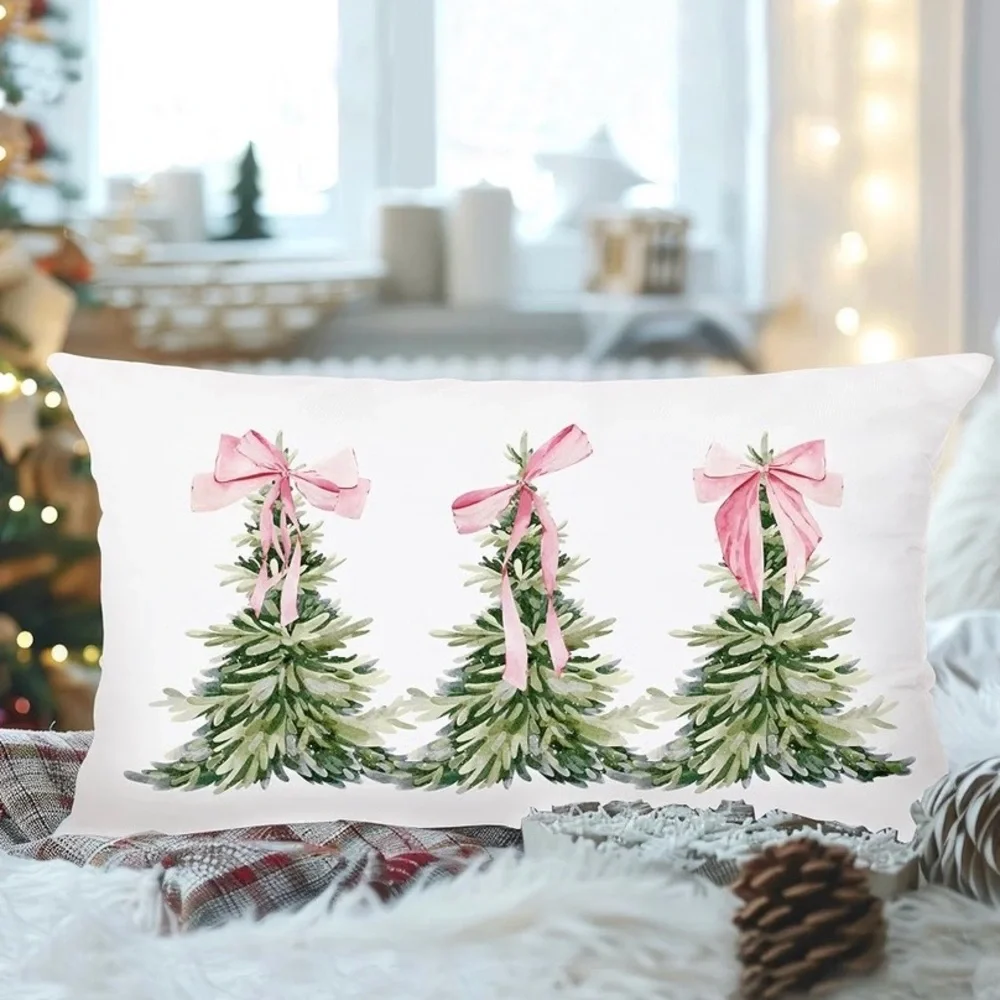 Holiday Pillow Cover Set of 2 with Pink Bow Christmas Trees - Unknown Brand